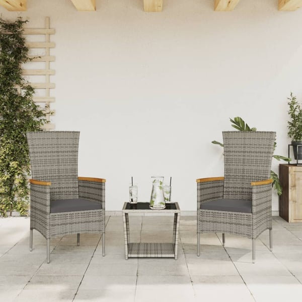 vidaXL spisebordssæt til haven 3 dele med hynder polyrattan grå