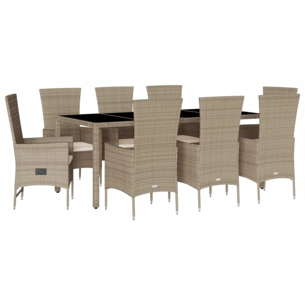 vidaXL spisebordssæt til haven 9 dele med hynder polyrattan beige