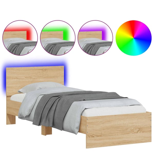 vidaXL Sengeramme med hodegavl og LED-lys sonoma eik 90x190 cm