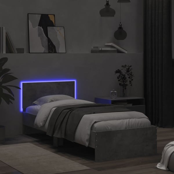 vidaXL Sengeramme med hodegavl og LED-lys betonggrå 75x190 cm