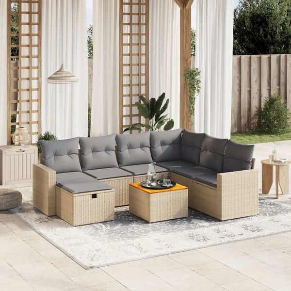 vidaXL havesofasæt 8 dele med hynder polyrattan beige
