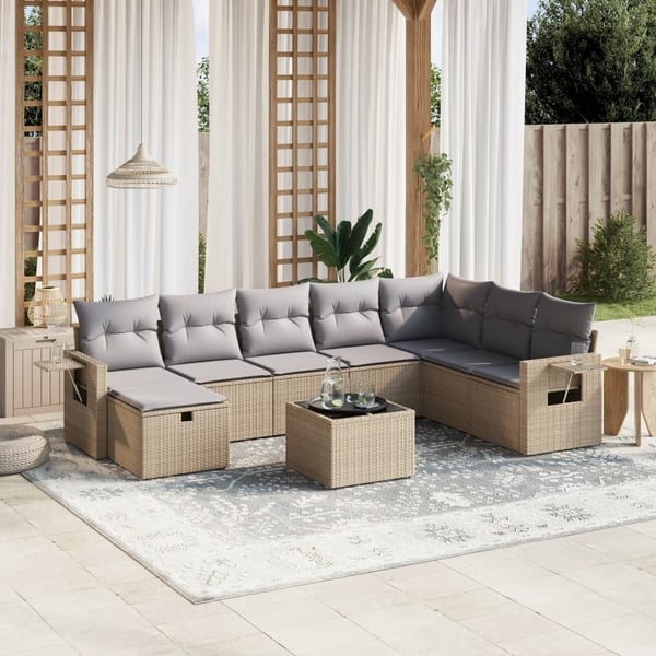 vidaXL spisebordssæt til haven 9 dele med hynder polyrattan beige