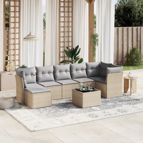 vidaXL havesofasæt 8 dele med hynder polyrattan beige