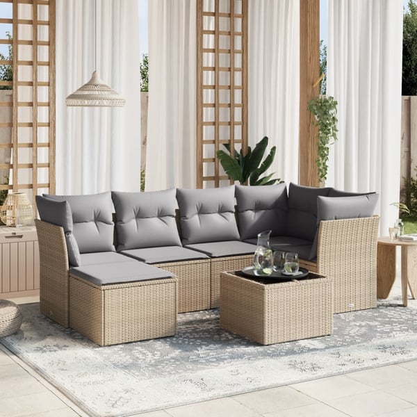 vidaXL havesofasæt 7 dele med hynder polyrattan beige