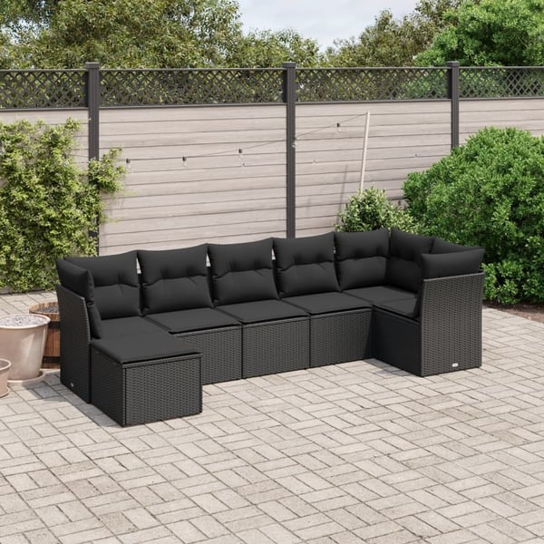 vidaXL sofasæt til haven 7 dele med hynder polyrattan sort