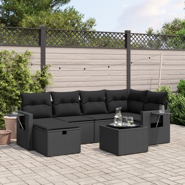 vidaXL sofasæt til haven 7 dele med hynder polyrattan sort