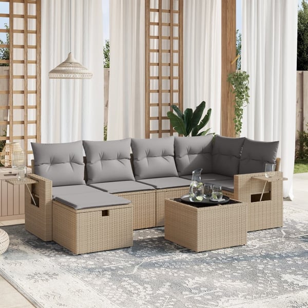 vidaXL havesofasæt 7 dele med hynder polyrattan beige