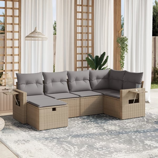 vidaXL havesofasæt 6 dele med hynder polyrattan beige