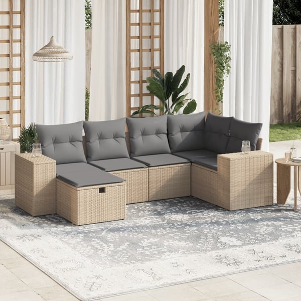 vidaXL havesofasæt 6 dele med hynder polyrattan beige