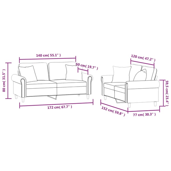 vidaXL sofasæt 2 dele med puder velour vinrød