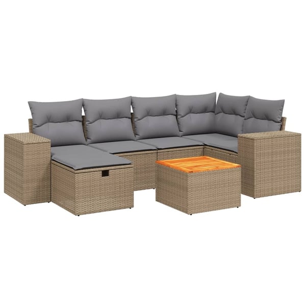 vidaXL havesofasæt 7 dele med hynder polyrattan beige