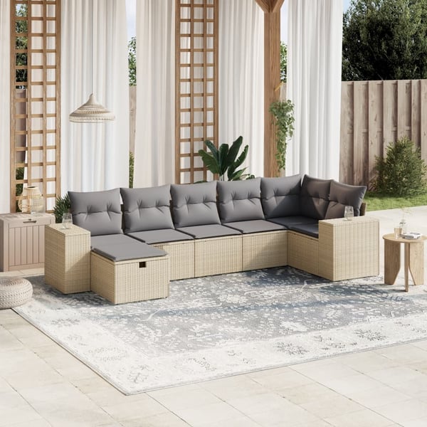 vidaXL havesofasæt 7 dele med hynder polyrattan beige