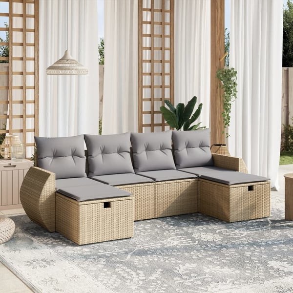 vidaXL havesofasæt 6 dele med hynder polyrattan beige