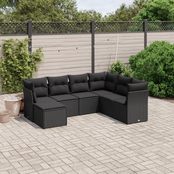 vidaXL sofasæt til haven 7 dele med hynder polyrattan sort