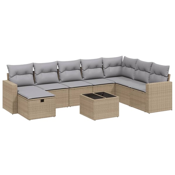 vidaXL spisebordssæt til haven 9 dele med hynder polyrattan beige