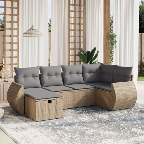 vidaXL havesofasæt 6 dele med hynder polyrattan beige