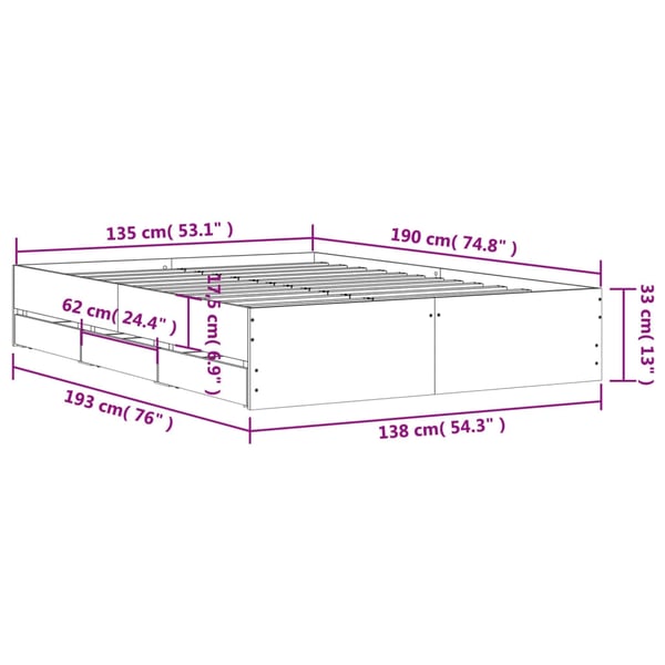 vidaXL Sengeramme med skuffer betonggrå 135x190 cm konstruert tre