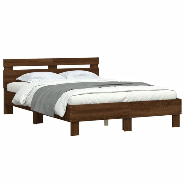 vidaXL Sengeramme med hodegavl og LED brun eik 135x190 cm