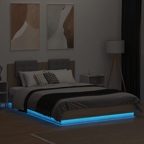 vidaXL Sengeramme med hodegavl og LED-lys sonoma eik 140x200 cm