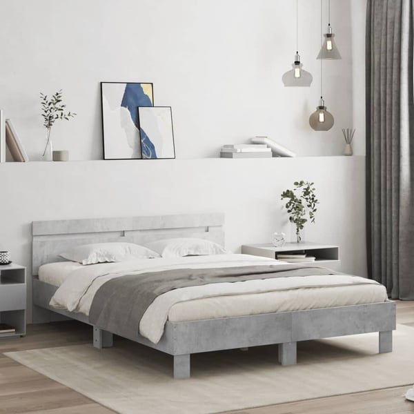 vidaXL Sängynrunko päädyllä ja LED-valoilla betoninharmaa 140x190 cm