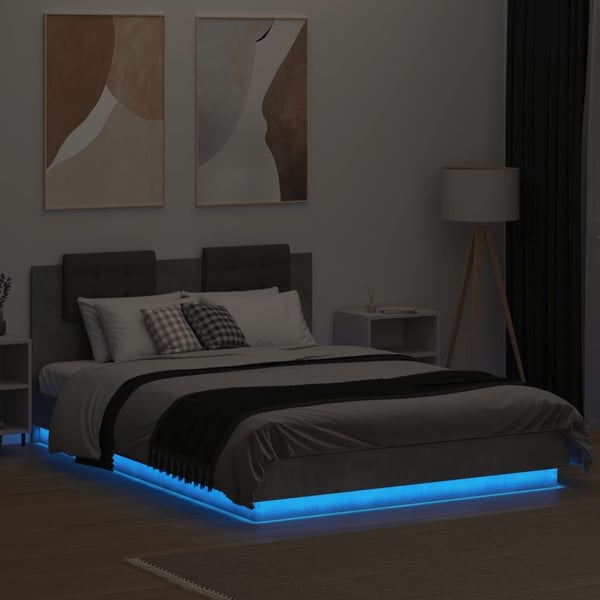 vidaXL Sengeramme med hodegavl og LED-lys betonggrå 150x200 cm