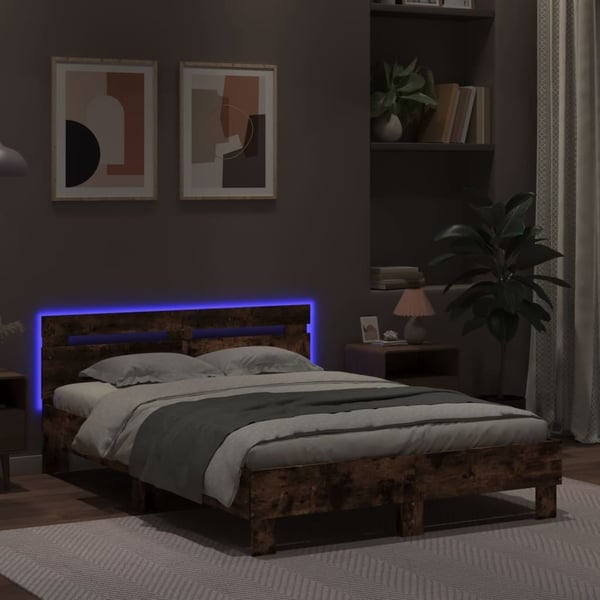 vidaXL Sengeramme med hodegavl og LED røkt eik 120x190 cm
