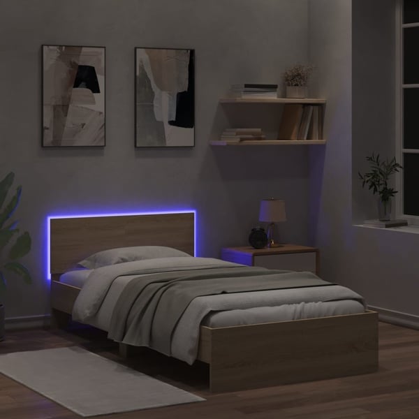 vidaXL Sengeramme med hodegavl og LED-lys sonoma eik 100x200 cm