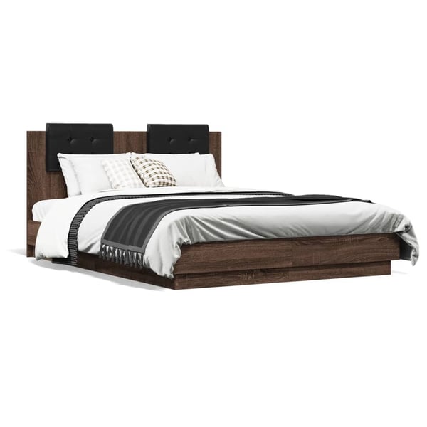 vidaXL Sengeramme med hodegavl og LED-lys brun eik 135x190 cm