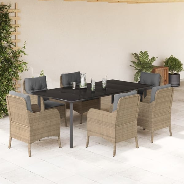 vidaXL spisebordssæt til haven 7 dele med hynder polyrattan beige