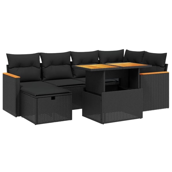 vidaXL sofasæt til haven 7 dele med hynder polyrattan sort