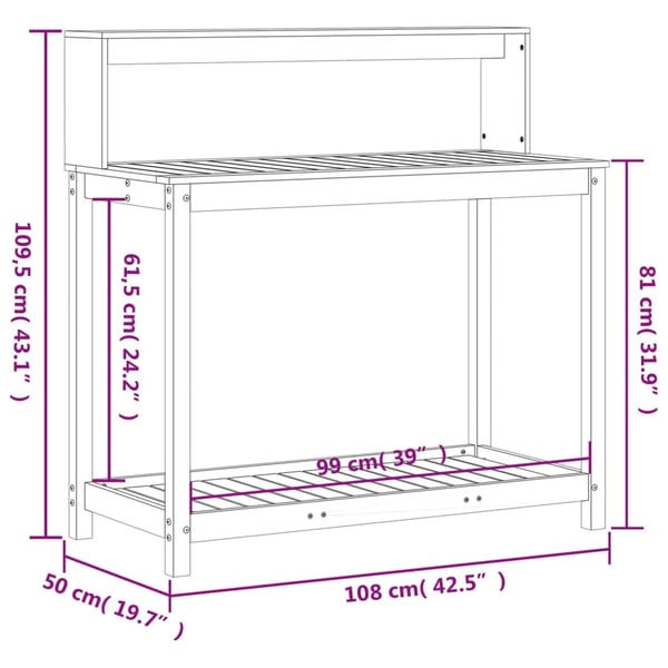 vidaXL Pottebord med hyller hvit 108x50x109,5 cm heltre furu
