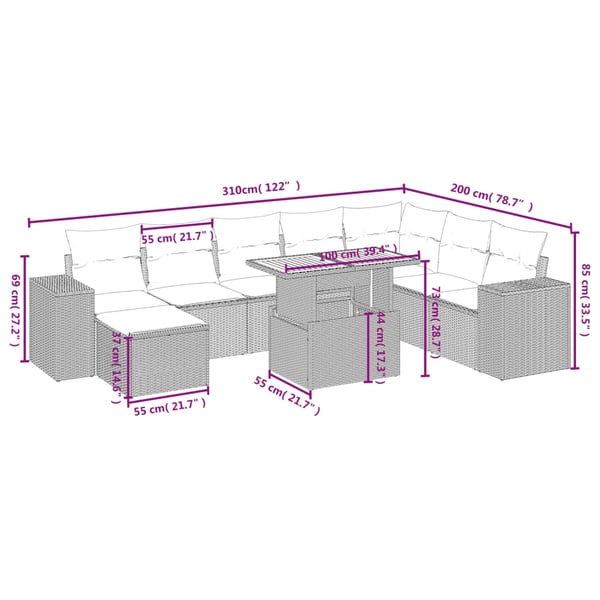 vidaXL sofasæt til haven 9 dele med hynder polyrattan sort