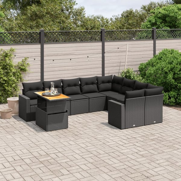 vidaXL sofasæt til haven 10 dele med hynder polyrattan sort