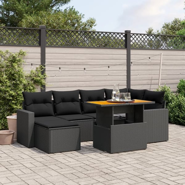 vidaXL sofasæt til haven 7 dele med hynder polyrattan sort