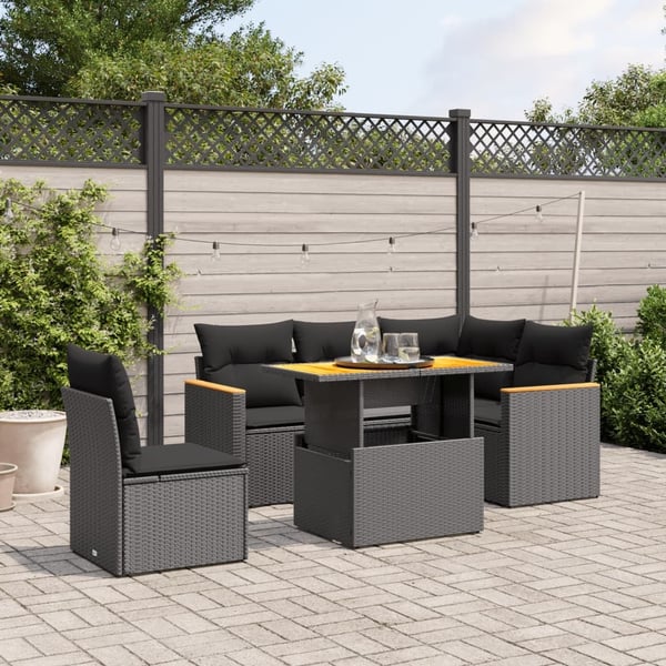 vidaXL sofasæt til haven 6 dele med hynder polyrattan sort