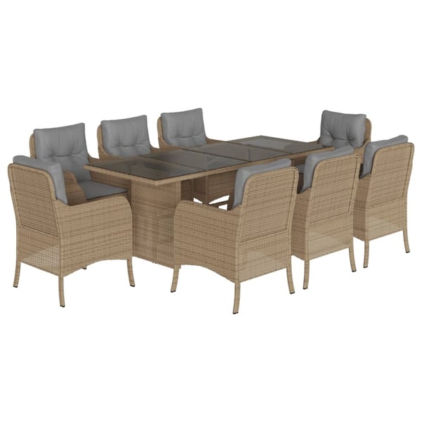 vidaXL spisebordssæt til haven 9 dele med hynder polyrattan beige