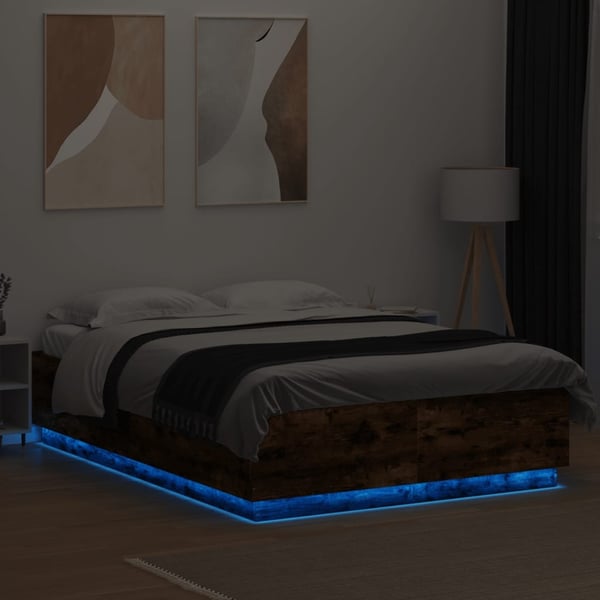 vidaXL Sengeramme med LED-lys røkt eik 120x200 cm konstruert tre