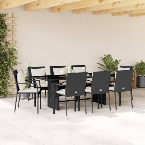 vidaXL spisebordssæt til haven 9 dele med hynder polyrattan sort