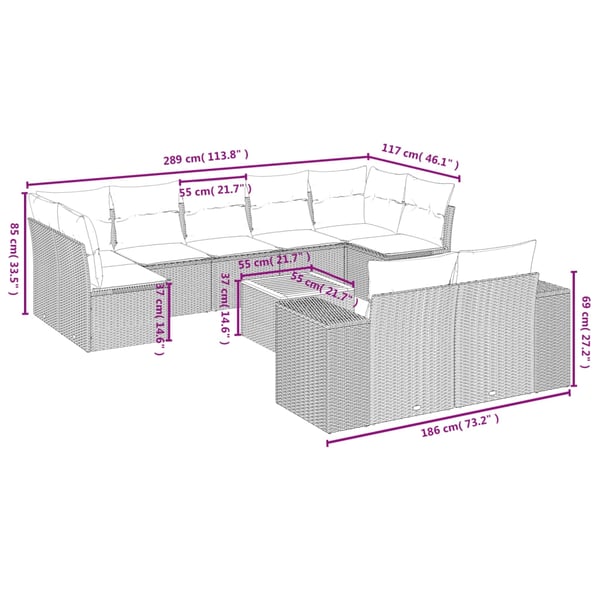 vidaXL sofasæt til haven 10 dele med hynder polyrattan sort