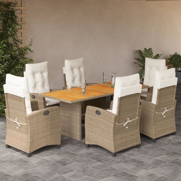 vidaXL spisebordssæt til haven 7 dele med hynder polyrattan beige