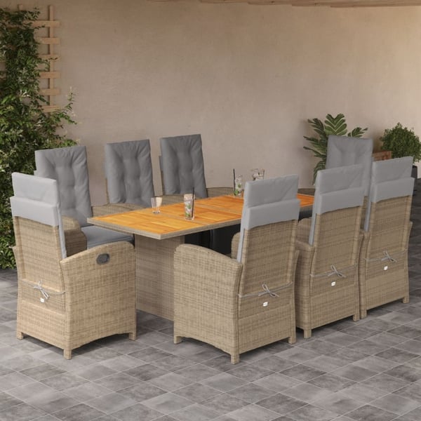 vidaXL spisebordssæt til haven 9 dele med hynder polyrattan beige