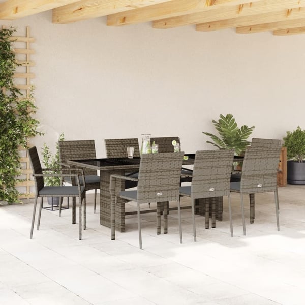 vidaXL spisebordssæt til haven 9 dele med hynder polyrattan grå
