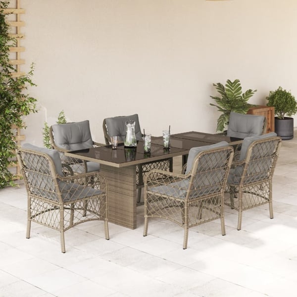 vidaXL spisebordssæt til haven 7 dele med hynder polyrattan beige