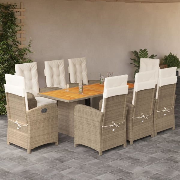 vidaXL spisebordssæt til haven 9 dele med hynder polyrattan beige