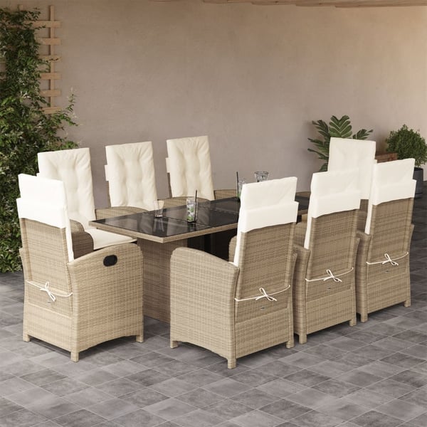 vidaXL spisebordssæt til haven 9 dele med hynder polyrattan beige