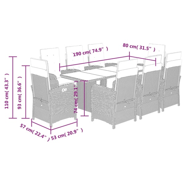 vidaXL spisebordssæt til haven 9 dele med hynder polyrattan brun