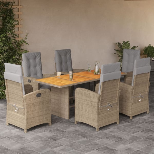 vidaXL spisebordssæt til haven 7 dele med hynder polyrattan beige
