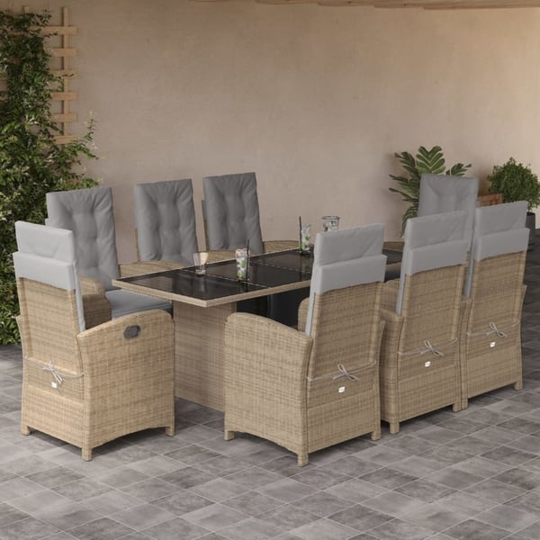 vidaXL spisebordssæt til haven 9 dele med hynder polyrattan beige
