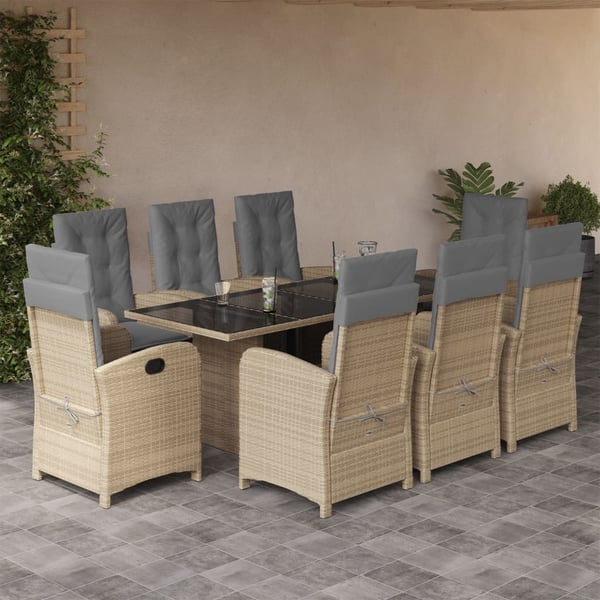 vidaXL spisebordssæt til haven 9 dele med hynder polyrattan beige
