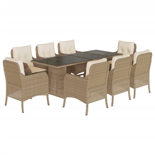 vidaXL spisebordssæt til haven 9 dele med hynder polyrattan beige